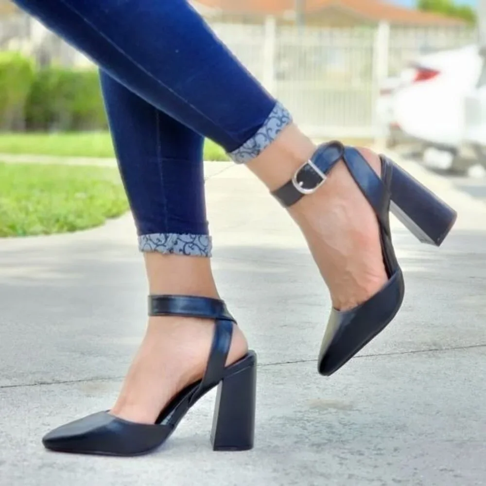 Women's Pointy Toe Ankle Strap Block Heel Black Color